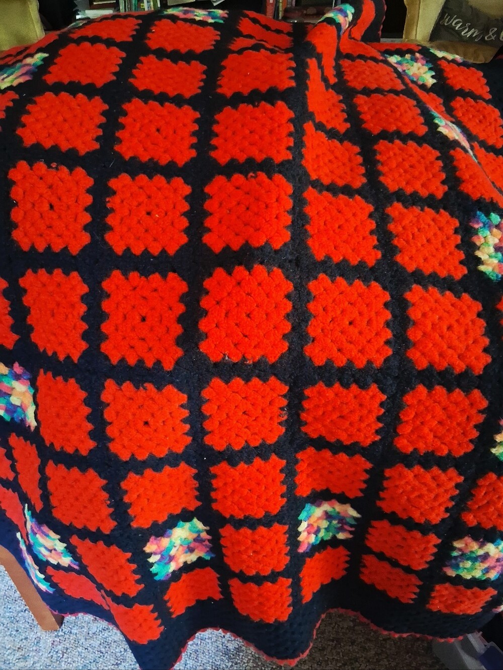 80s Crochet Granny Square Lap Throw Blanket Rainbow Black 38x48 Cottagecore